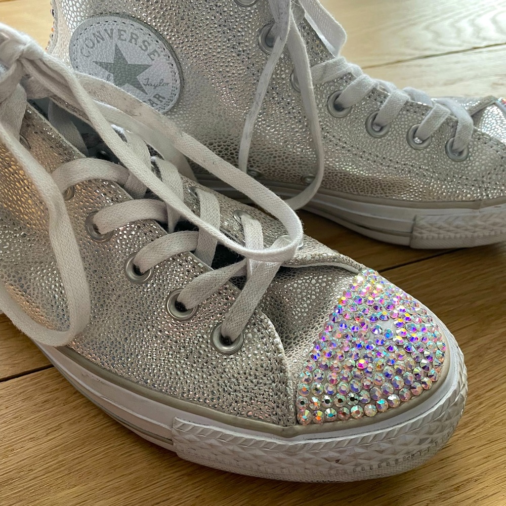Silver converse high top sneakers with rhinestones size 9
